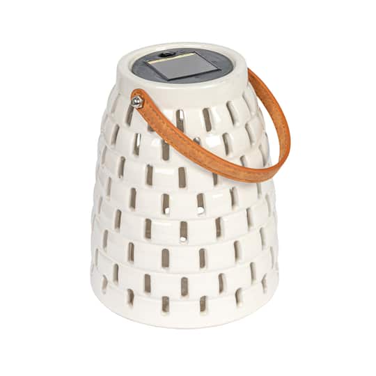 8&#x22; White &#x26; Brown Stoneware Rechargeable LED Solar Powered Waterproof Lantern